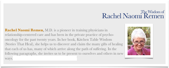 
The Wisdom of 
Rachel Naomi Remen
￼
Rachel Naomi Remen, M.D. is a pioneer in training physicians in relationship-centered care and has been in the private practice of psycho-oncology for the past twenty years. In her book, Kitchen Table Wisdom (Stories That Heal), she helps us to discover and claim the many gifts of healing that each of us has, many of which arrive along the path of suffering. In the following paragraphs, she invites us to be present to ourselves and others in new ways.The Wisdom of Rachel Naomi Remen.pdf